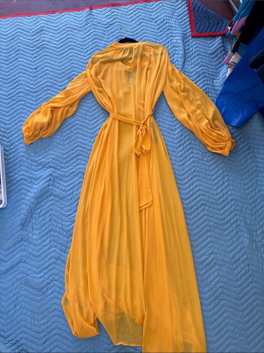 Andrea Iyamah Golden Yellow Sheer Maxi Dress with Tie Waist
